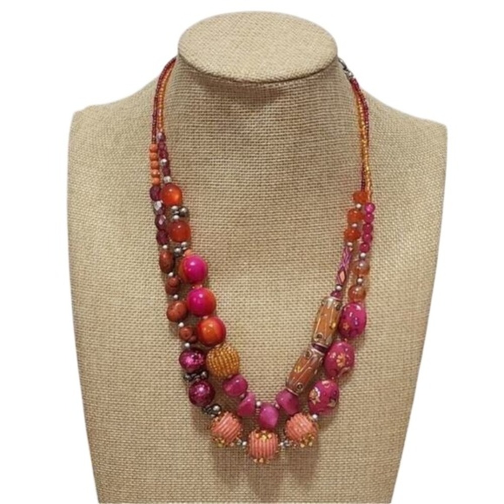 Treska Pink Orange Multistrand Statement Necklace Boho Mixed Media Floral Beads
